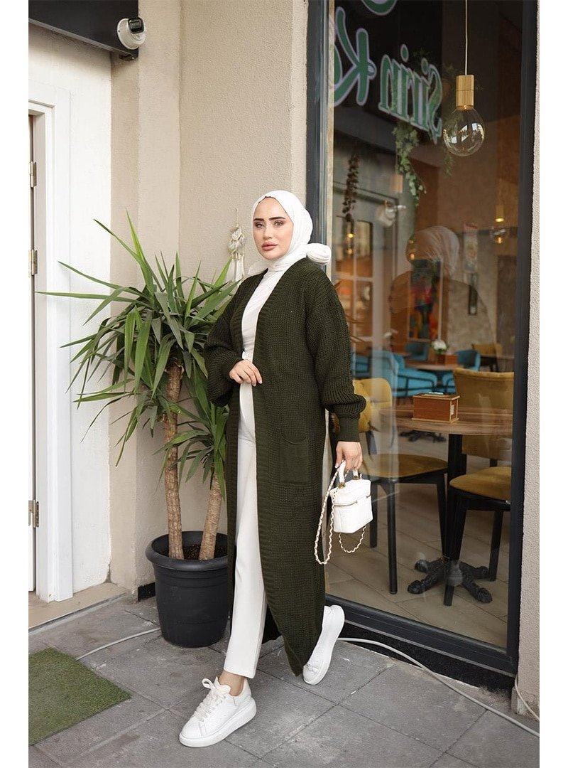 Burcu Fashion Haki Balon Kollu Uzun Triko Hırka