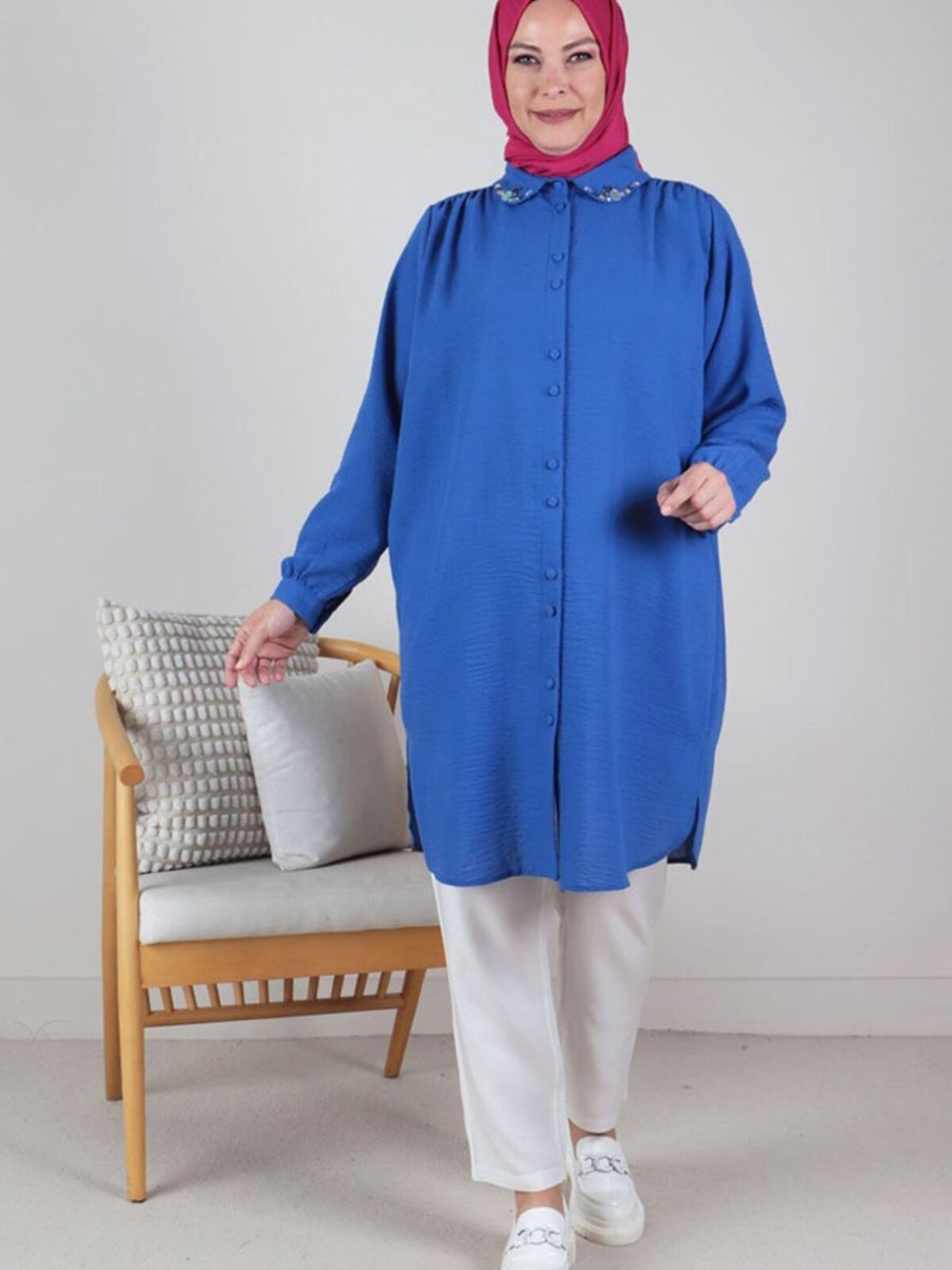 Moda Rosa Saks Büyük Beden Büzgü Detaylı Bebe Yakalı Tunik