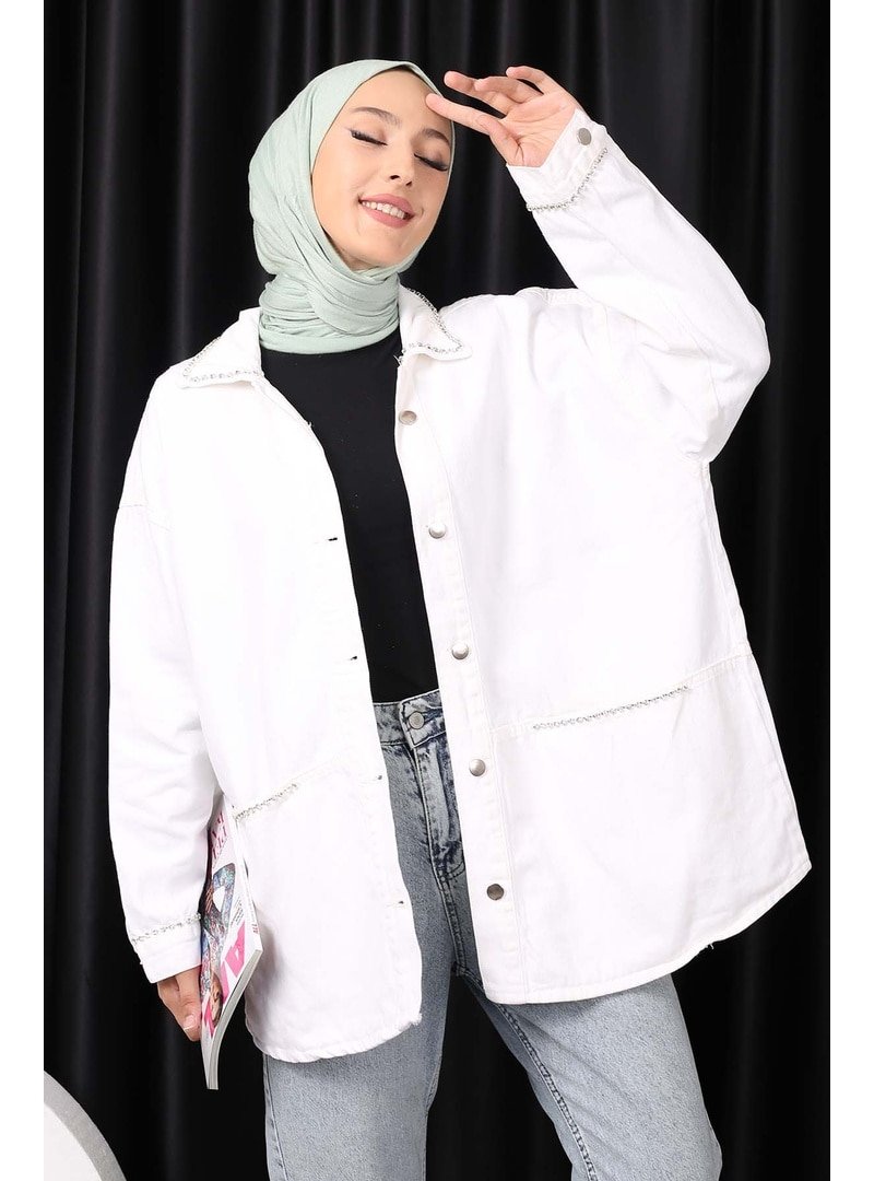 İmaj Butik Beyaz Taşlı Cepli Keten Ceket