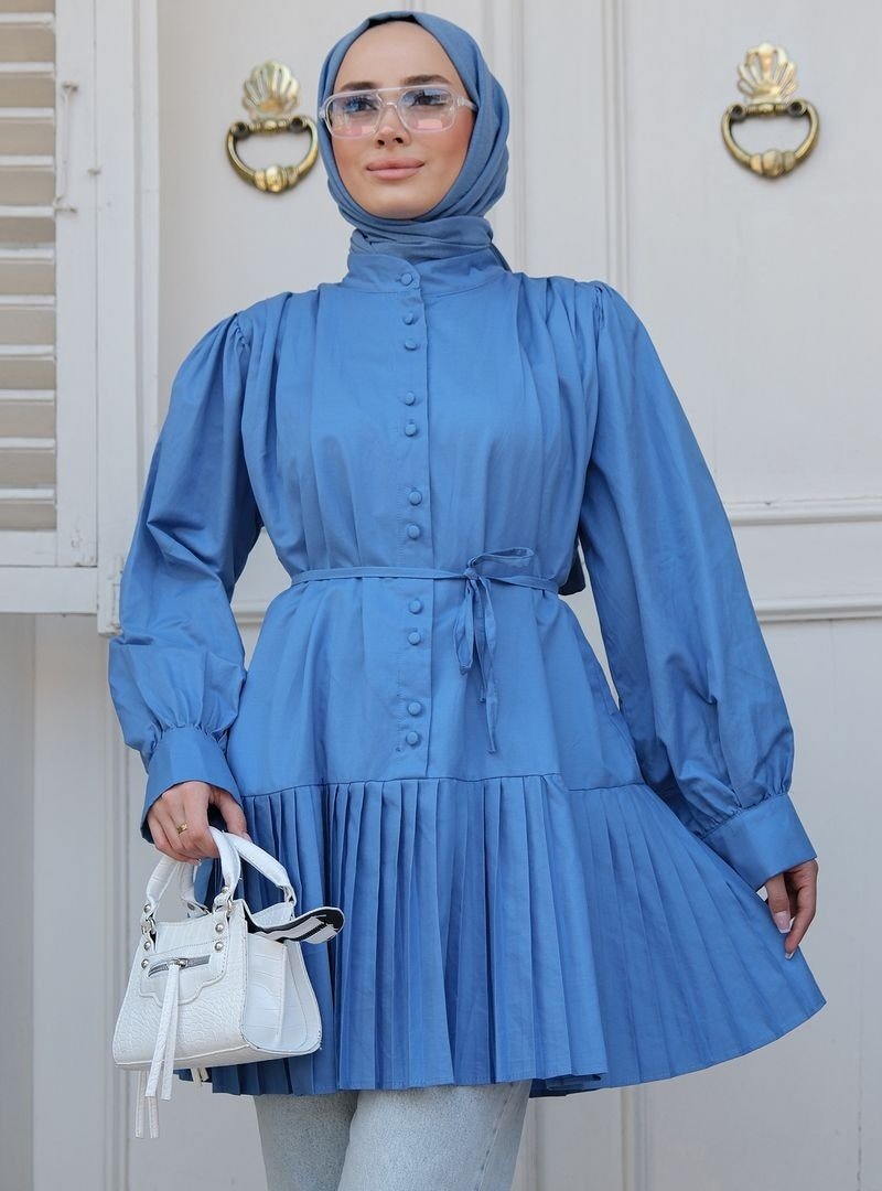 Locco Moda Mavi Eteği Piliseli Gömlek İndigo