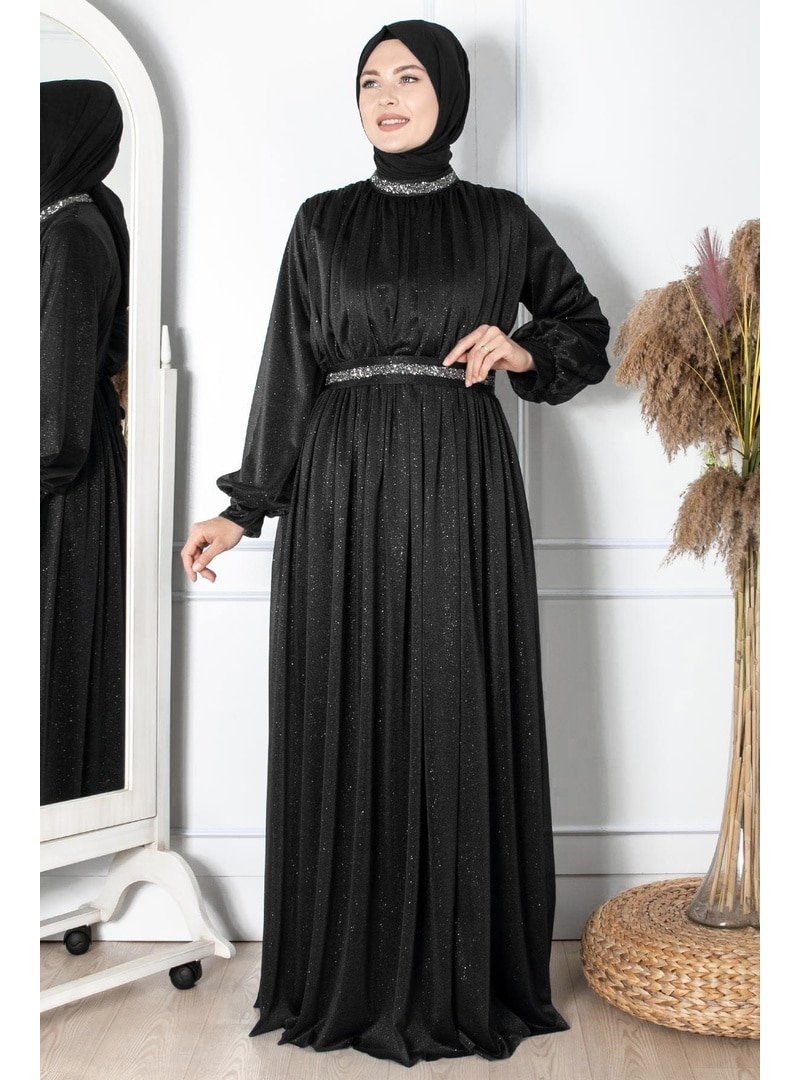 MFA Moda Siyah Taş İşlemeli Simli Tül Abiye
