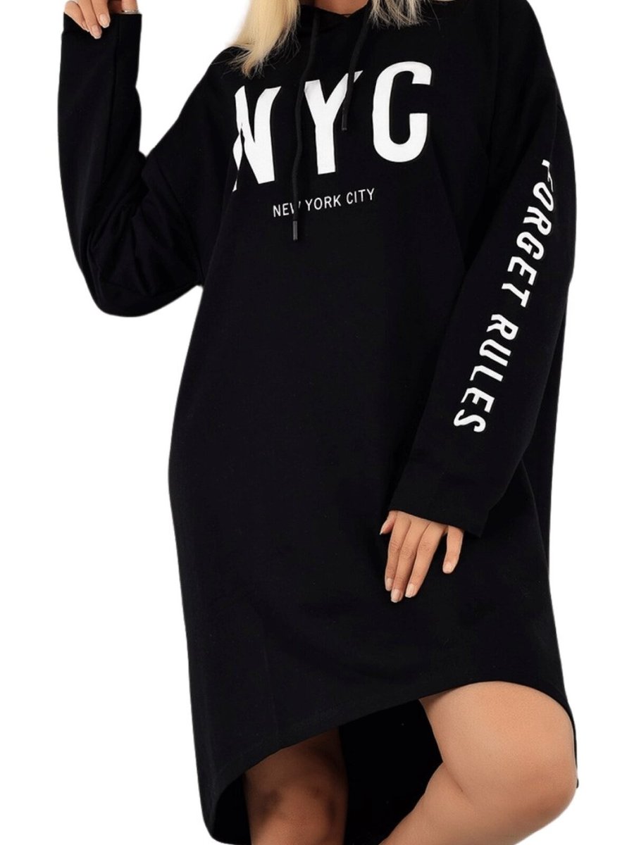 Butik Buruç Siyah Yazı Baskılı Kapüşonlu Tunik