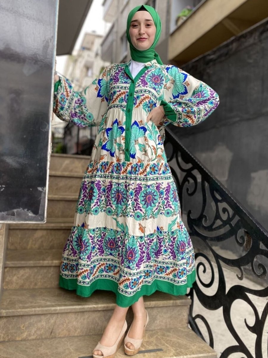 Cng Moda Yeşil Viskon Desenli Elbise