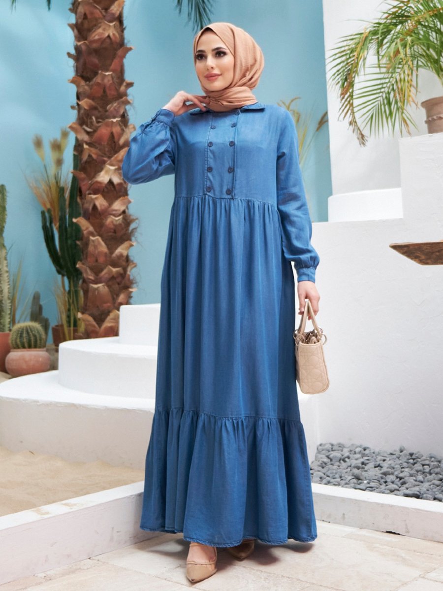 Neways Koyu Mavi Düğme Detaylı Tensel Kot Elbise