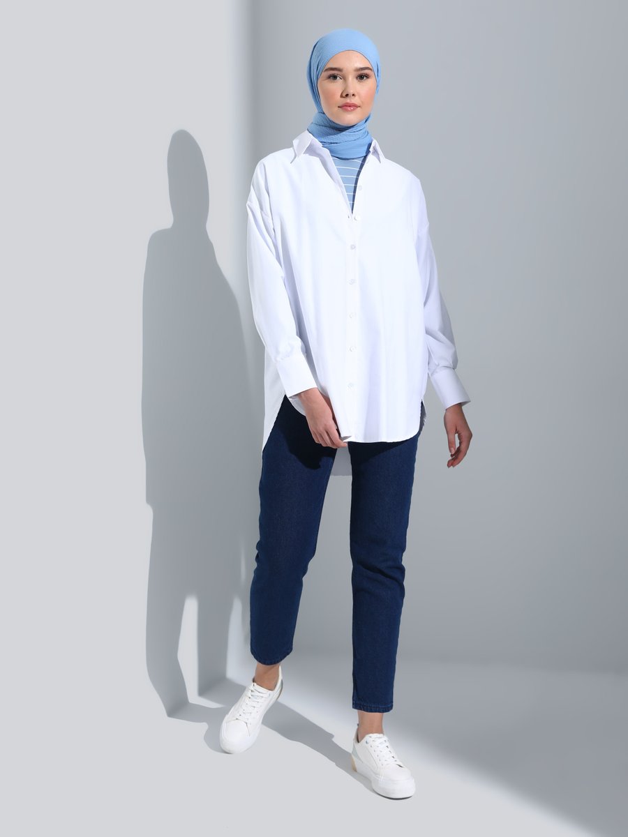 Refka Beyaz Yanları Yırtmaçlı Oversize Poplin Tunik