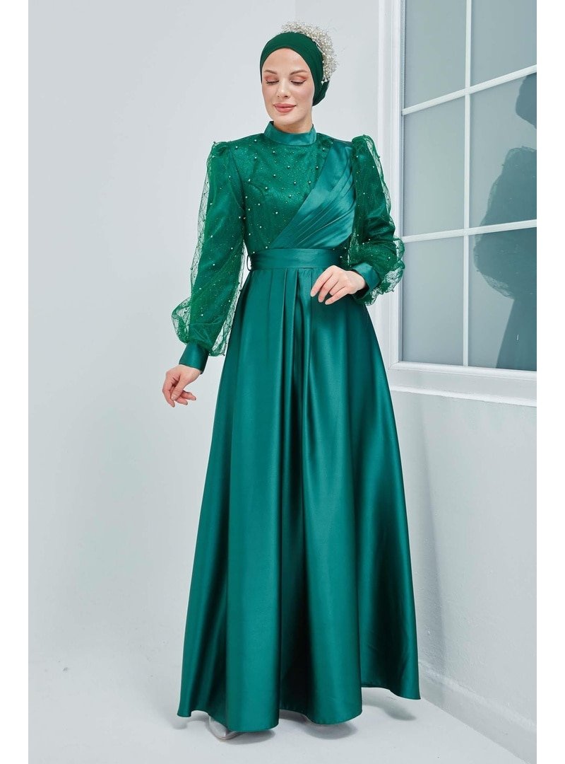 Moda Echer Saten Ve Simli Tül Kombinli Abiye Elbise Zümrüt