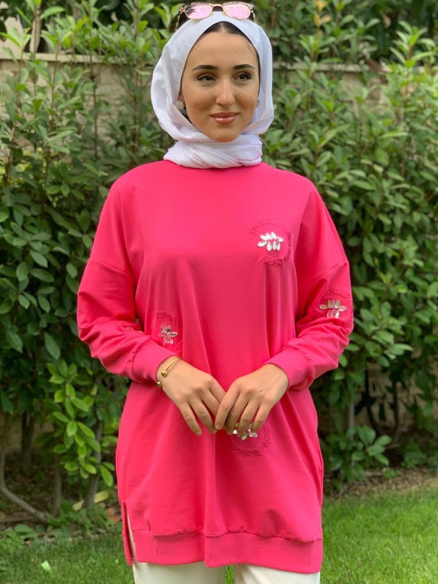 Moda Rosa Fuşya Nakışlı Taşlı Sweat