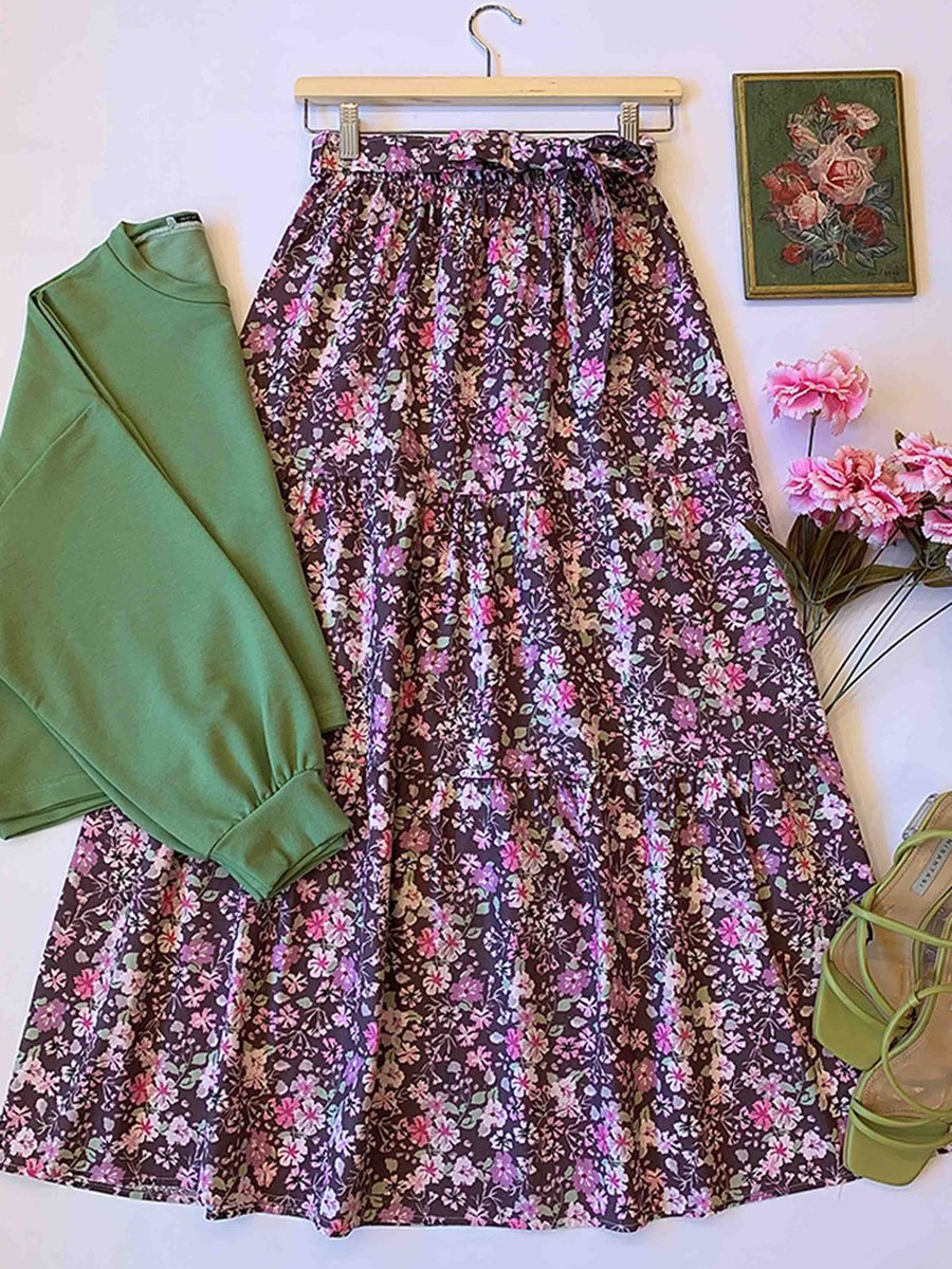 Ceylan Otantik Mint Yeşili Crop & Mor Desenli Kat Kat Etek Takım