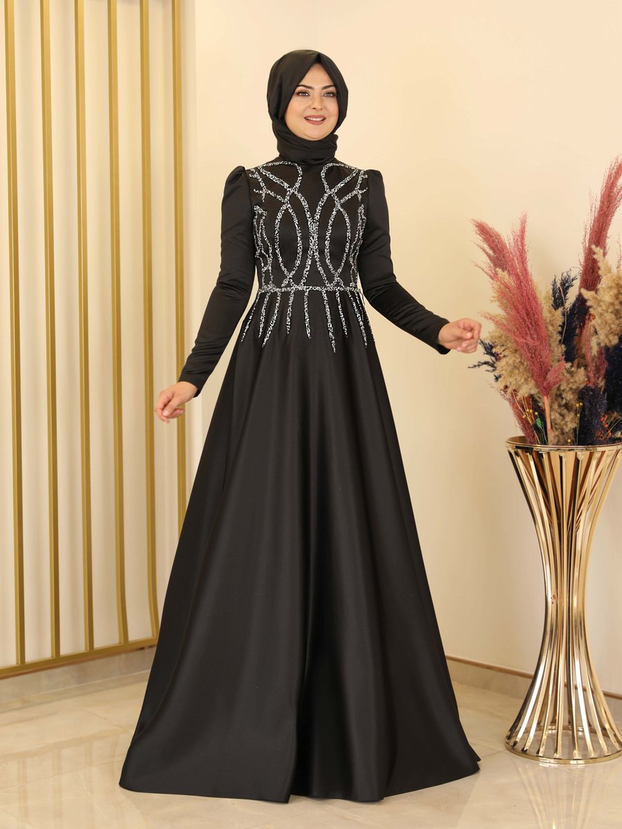 Fashion Showcase Design Siyah Zen Saten Abiye Elbise