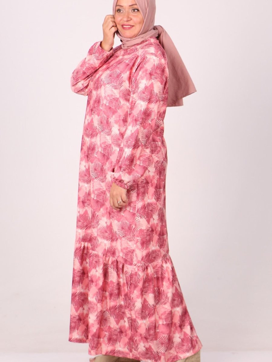 Moda Rosa Yaprak Desen Pembe Büyük Beden Etek Ucu Fırfırlı Bürümcük Elbise