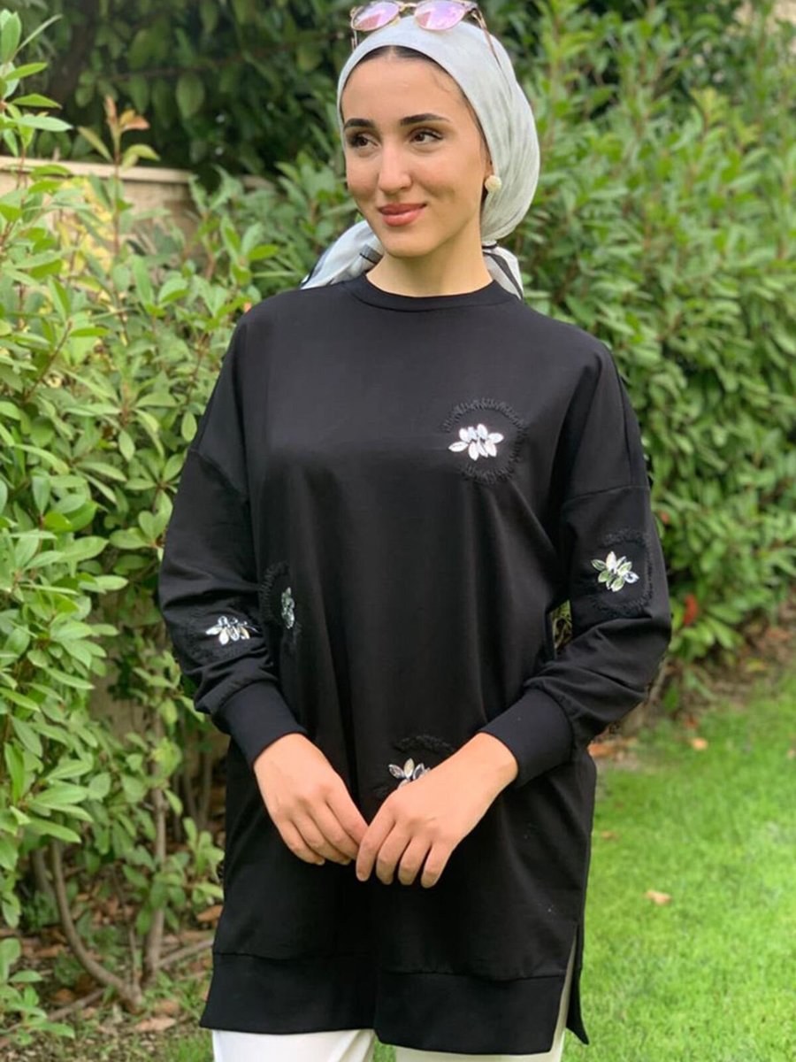 Moda Rosa Siyah Nakışlı Taşlı Sweat