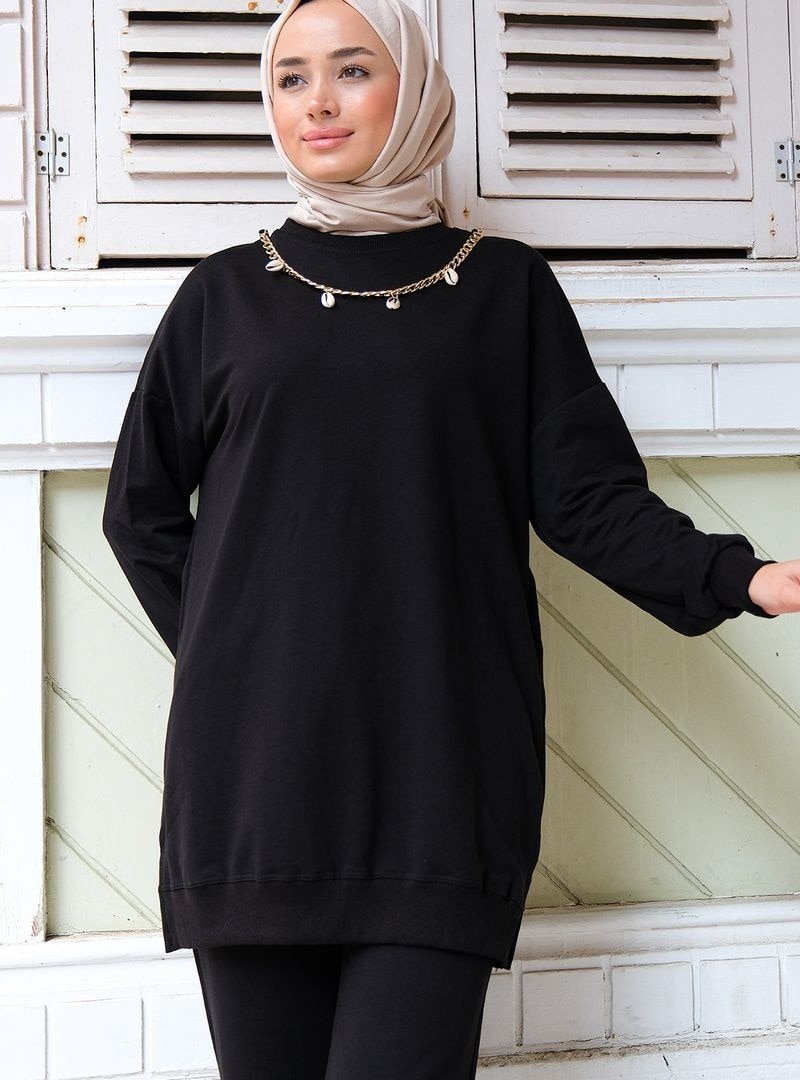 Locco Moda Siyah İki İplik Kolye Detay İkili Takım