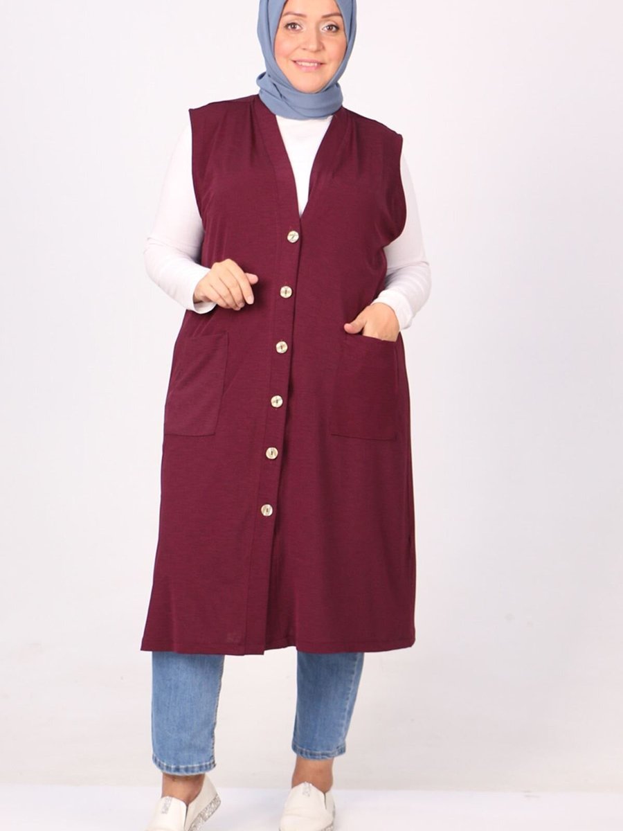 Moda Rosa Mürdüm Büyük Beden Mina Düğmeli Giy Çık Yelek