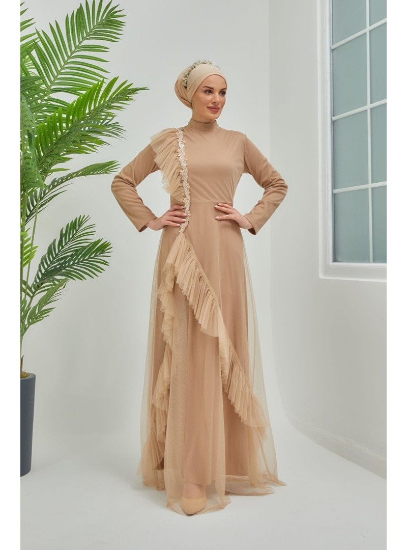 Moda Echer Açık Taş Kat Kat Etek Güpür Detaylı Abiye Elbise
