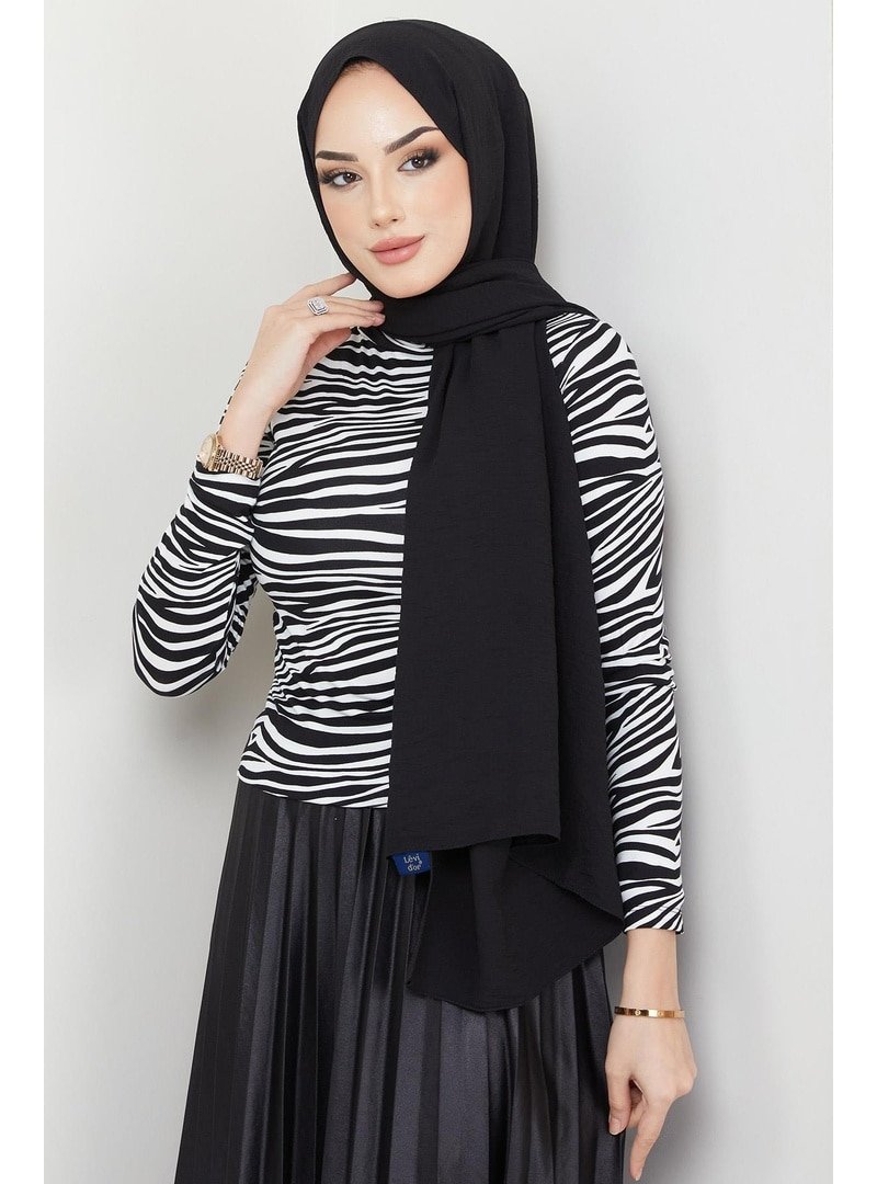 Hafsa Mina Siyah Zebra Desen Balıkçı Yaka Body