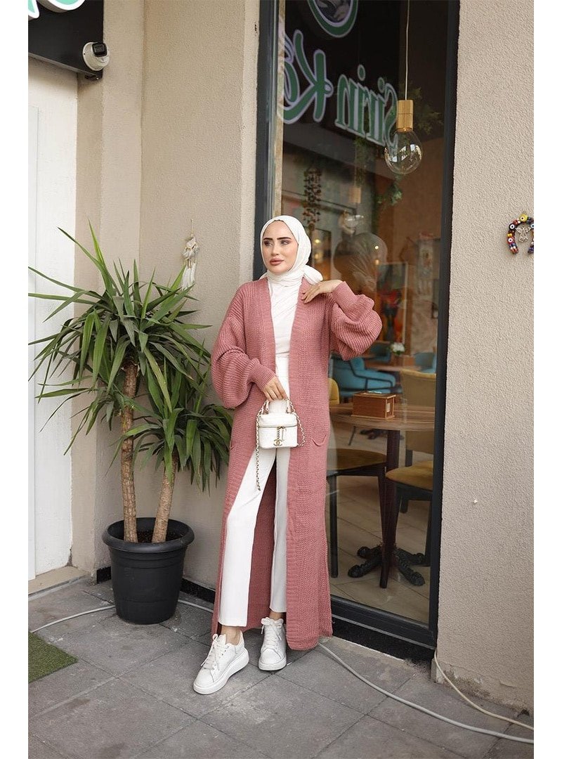 Burcu Fashion Balon Kollu Uzun Triko Hırka Gül Kurusu