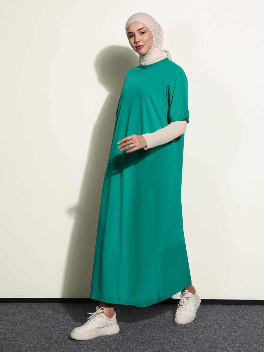 Refka Orman Yeşili Doğal Kumaşlı Kısa Kollu Basic Elbise
