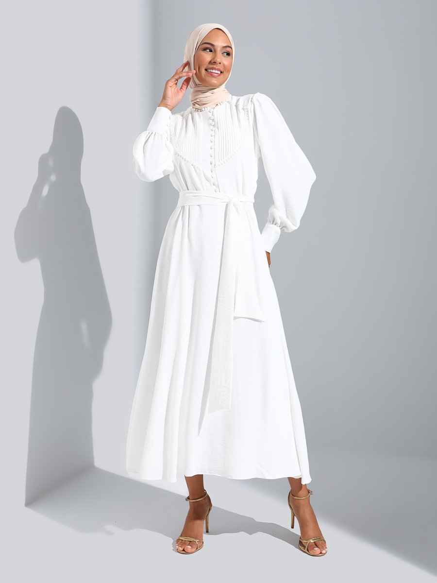 Refka Off White Brit Detaylı Dantelli Elbise