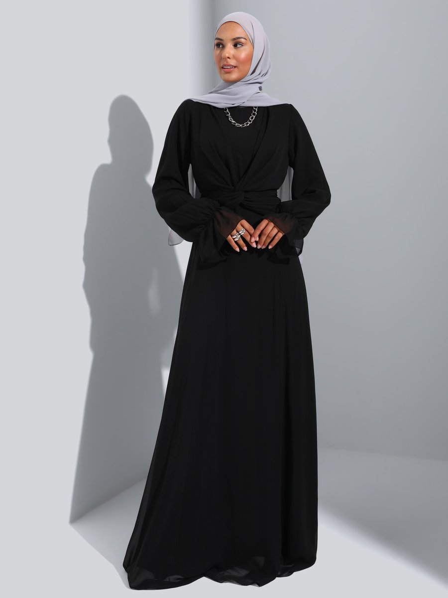 Refka Siyah Düğüm Detaylı Şifon Abiye Elbise
