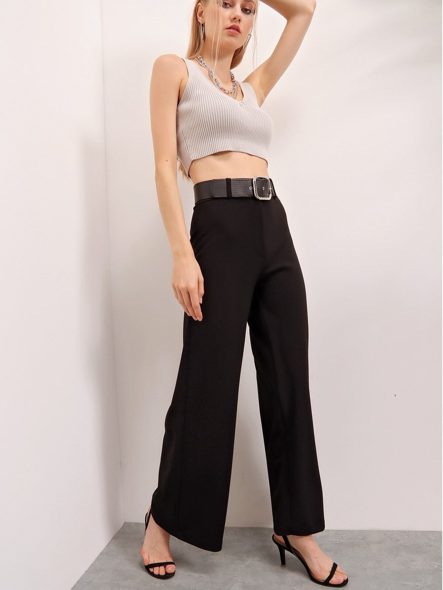 Butik Buruç Siyah Scuba Kemerli Bol Paça Pantolon