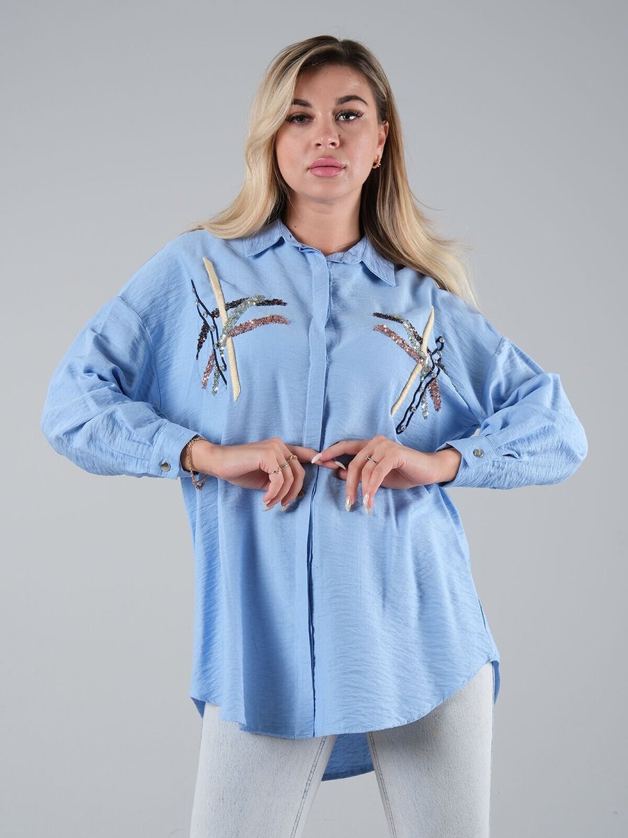 Ardanewline Mavi İşleme Detaylı Gömlek Tunik