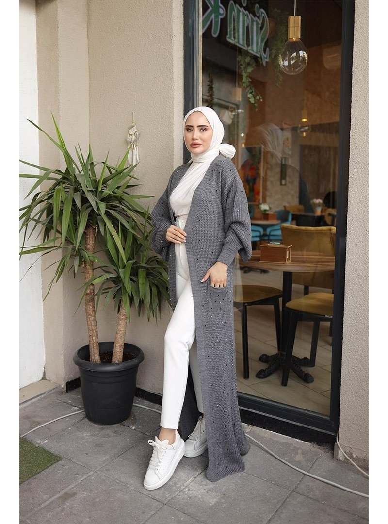 Burcu Fashion Gri İnci Detaylı Triko Hırka Koyu