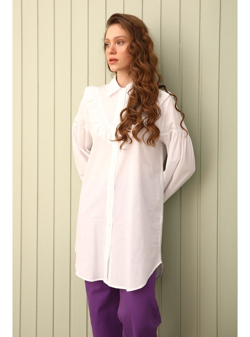 Allday Beyaz Pamuk Fırfır Detaylı Gömlek Tunik