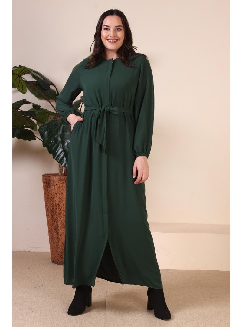 Ferace Zümrüt Yeşili Kadin Buyuk Beden Tesettur Fermuarlı Yandan Baglamalı Kusaklı Elbise Oversize