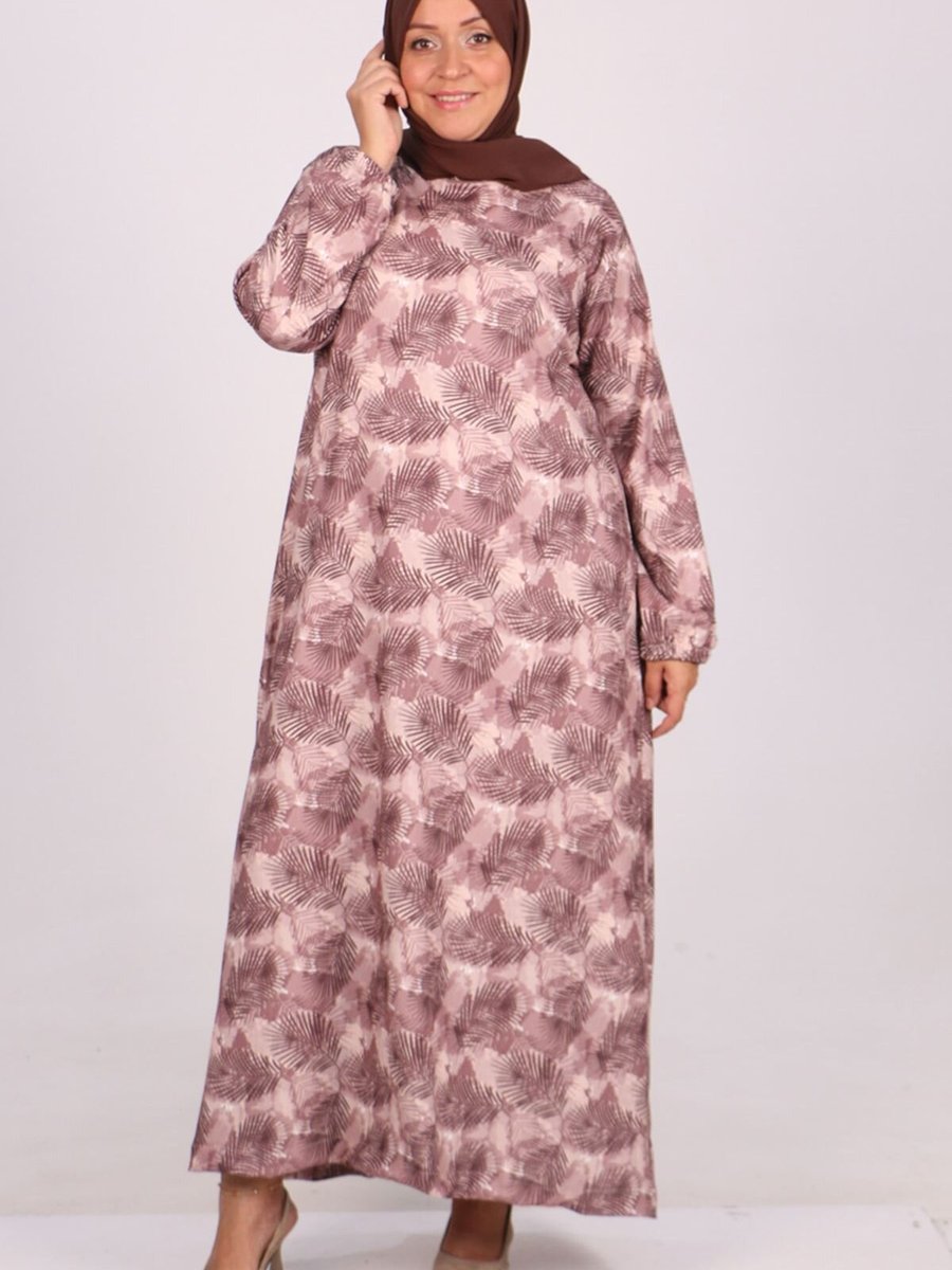 Moda Rosa Yaprak Desen Vizon Büyük Beden Bürümcük Elbise