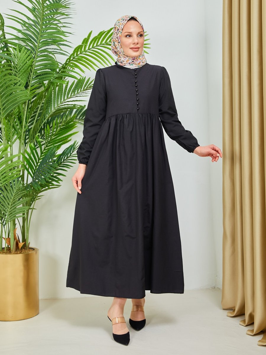 SAHRA BUTİK Siyah Önü Düğmeli Kolları Lastikli Trikoton Elbise
