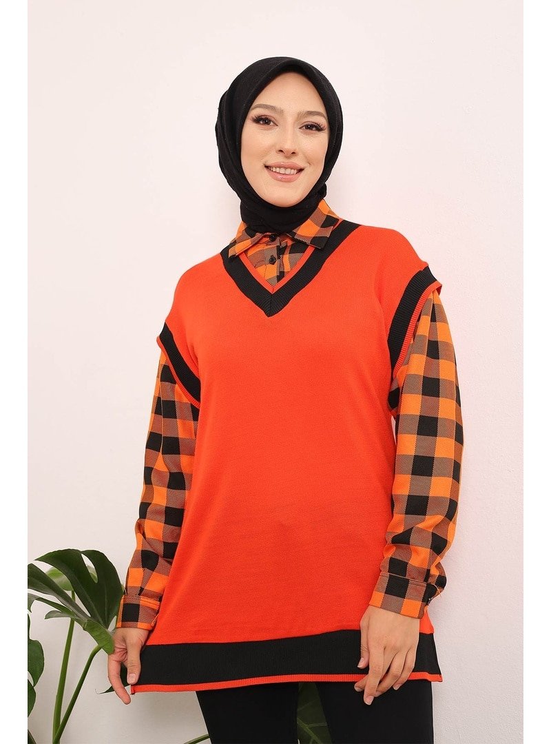 İmaj Butik Orange Modest Gömlek Yaka Ekoseli Tunik