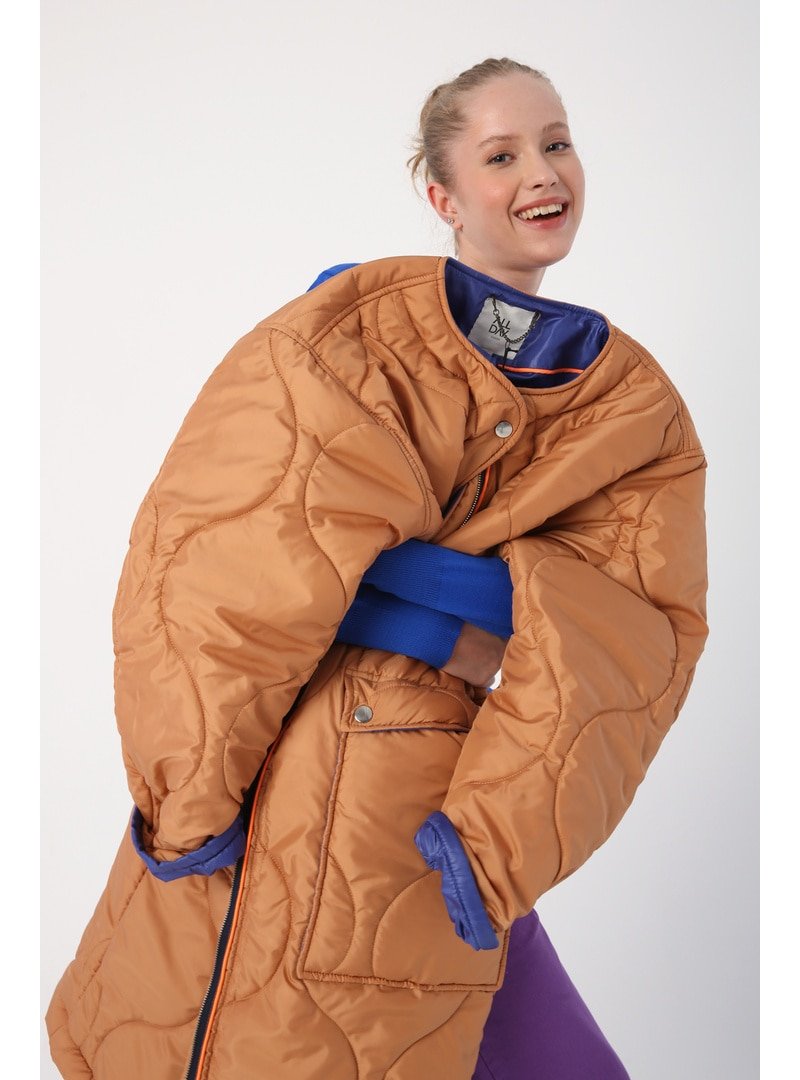 Allday Açık Taba Renkli Astarlı Neon Biyeli Oversize Mont