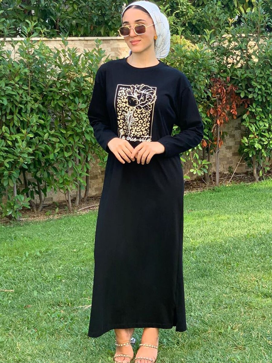 Moda Rosa Siyah Sim Leopar Baskılı T Shirt Elbise