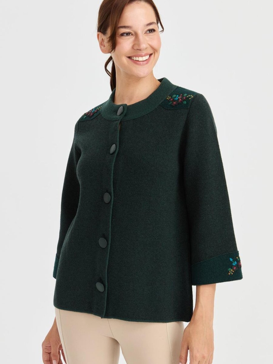 Desen Yeşil Dik Yaka Omzu Ve Kolu Keçe İşlemeli Yün Ceket