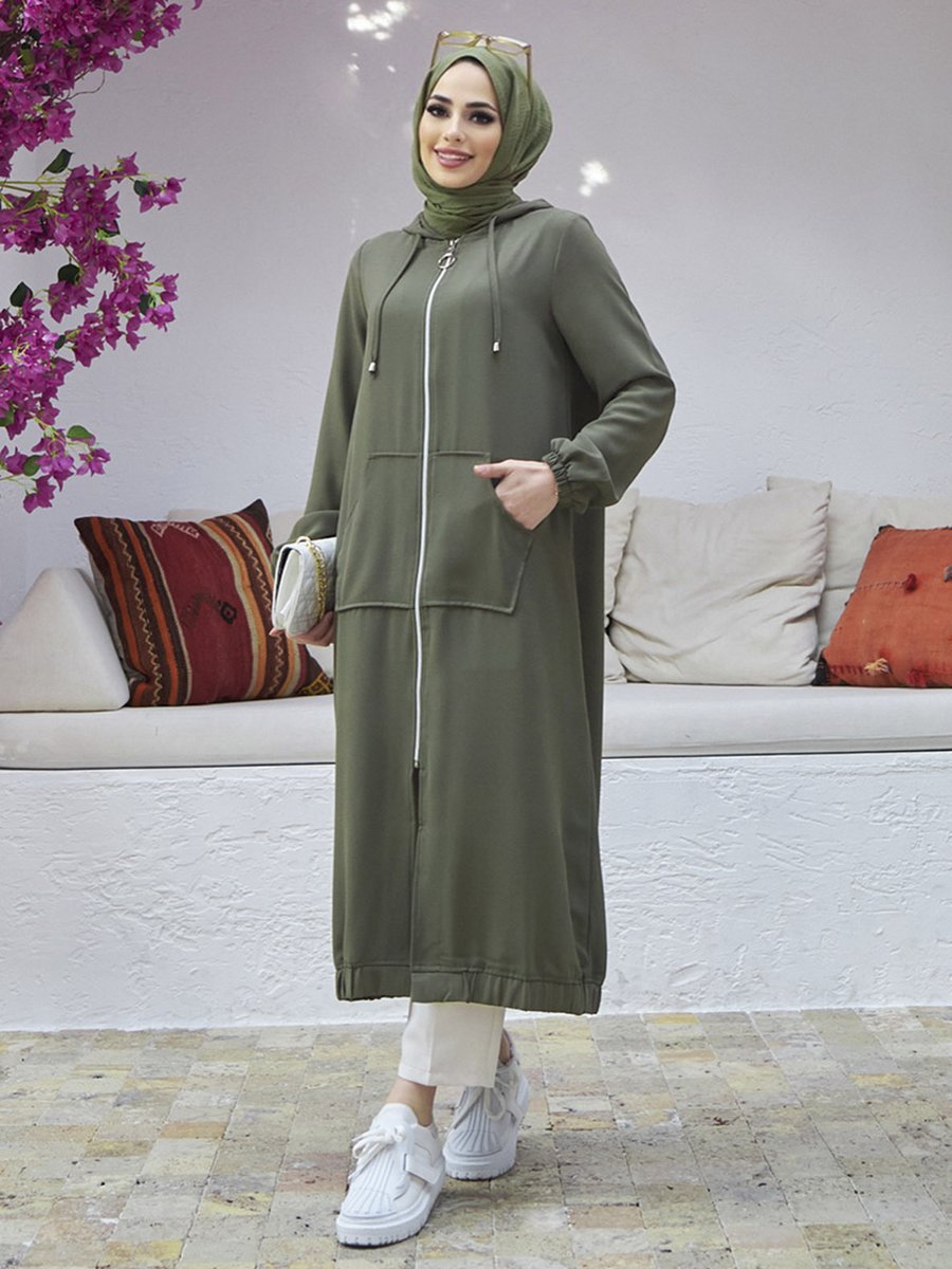 Neways Haki Fermuarlı Kapüşonlu Tunik