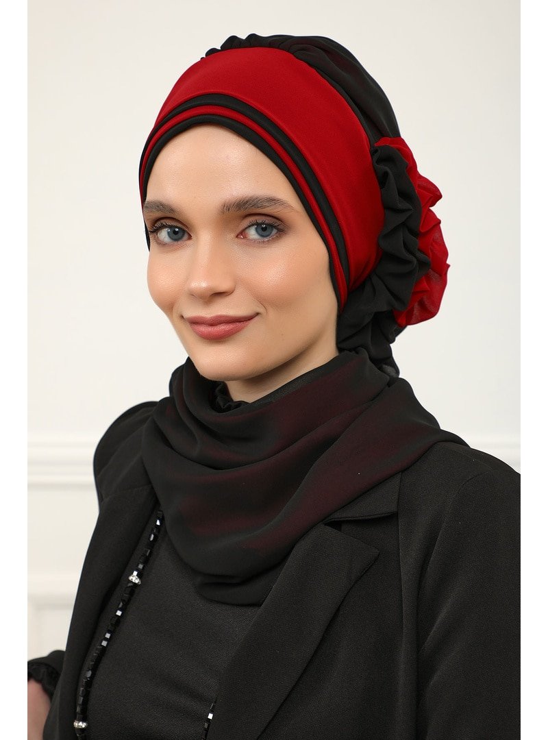 Aisha`s Design Çift Renkli Tasarım Şifon Hazır Türban,siyah Kırmızı,ht