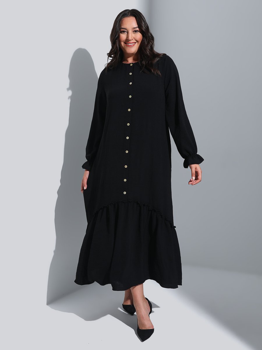 Alia Siyah Büyük Beden Boydan Düğmeli Elbise
