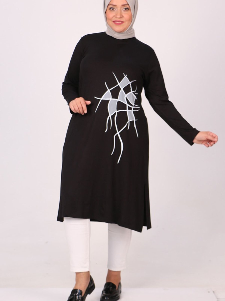 Moda Rosa Siyah Büyük Beden Baskılı Basic Penye Tunik