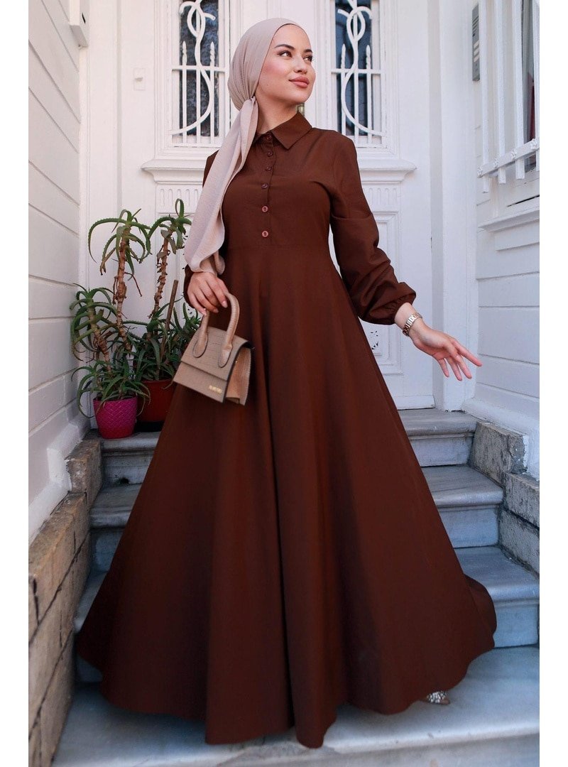 Hafsa Mina Kahverengi Kuşaklı Mevlana Elbise