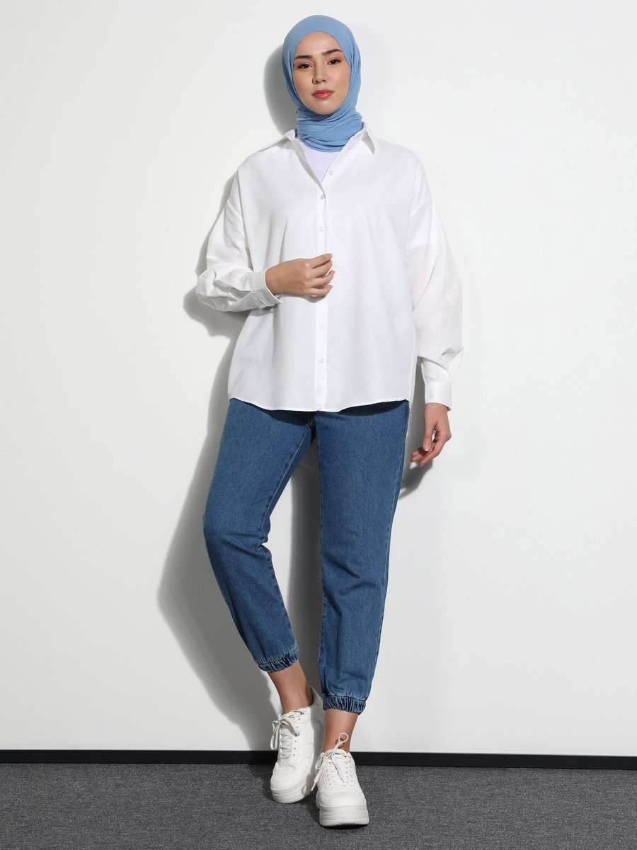 Refka Off White Arkası Uzun Düğmeli Oxford Tunik