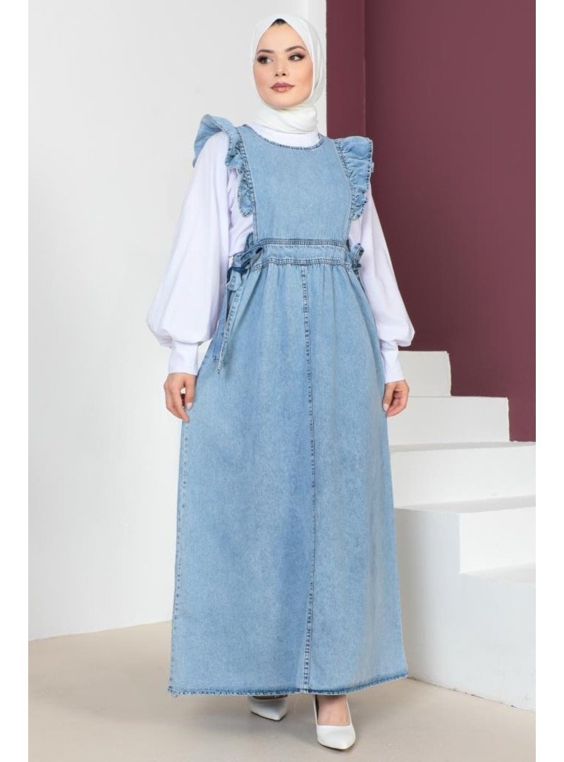 Benguen Mavi Yanları Bağcıklı Jile Elbise