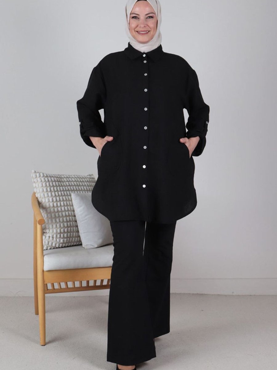 Moda Rosa Siyah Büyük Beden Keten Görünümlü Oversize Tunik