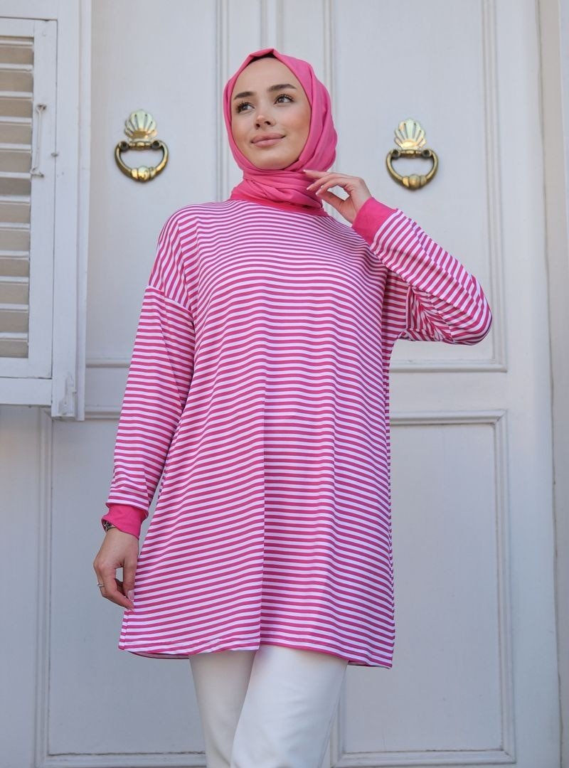 Locco Moda Pembe Çizgili Tunik