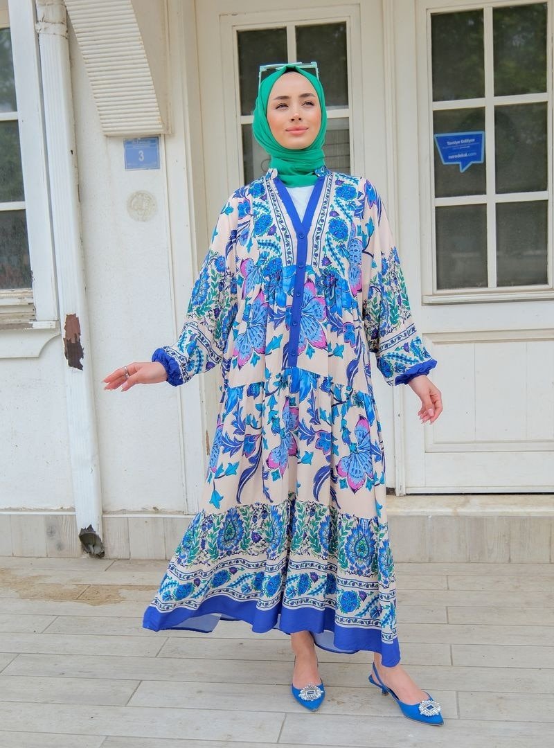 Locco Moda Katleya Desen Elbise Acık Mavı