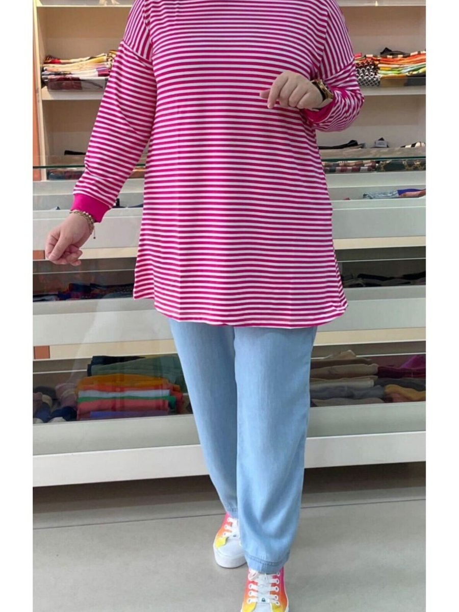 Cng Moda Pembe Beyaz Büyük Beden Çizgi Detaylı Tunik