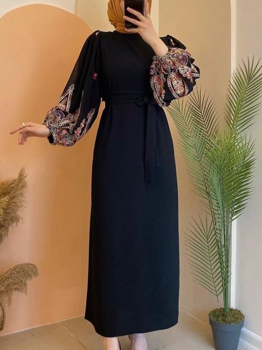 Cng Moda Siyah Kol Detaylı Beli Kuşaklı Abiye Elbise