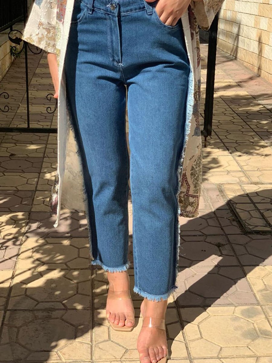Moda Rosa Koyu Mavi Püsküllü Kot Pantolon