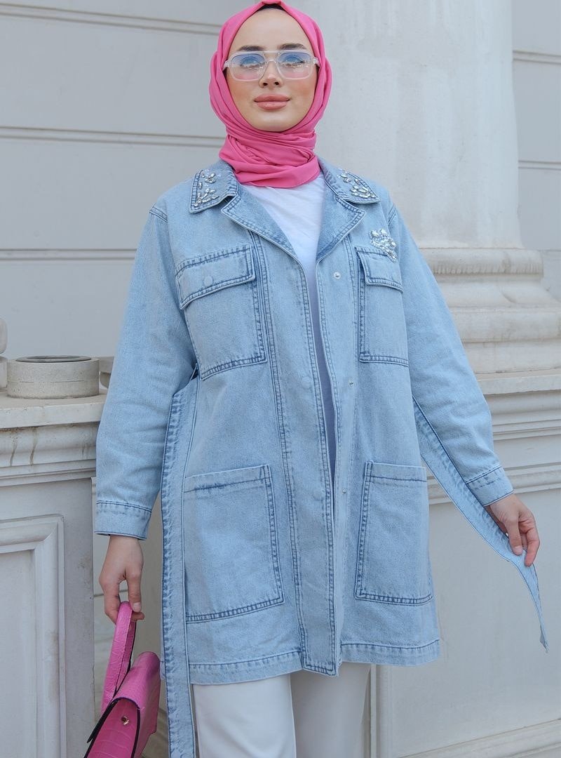 Locco Moda Yaka Ve Cep Kısmı Taşlı Kemerli Denim Ceket Buz Mavi