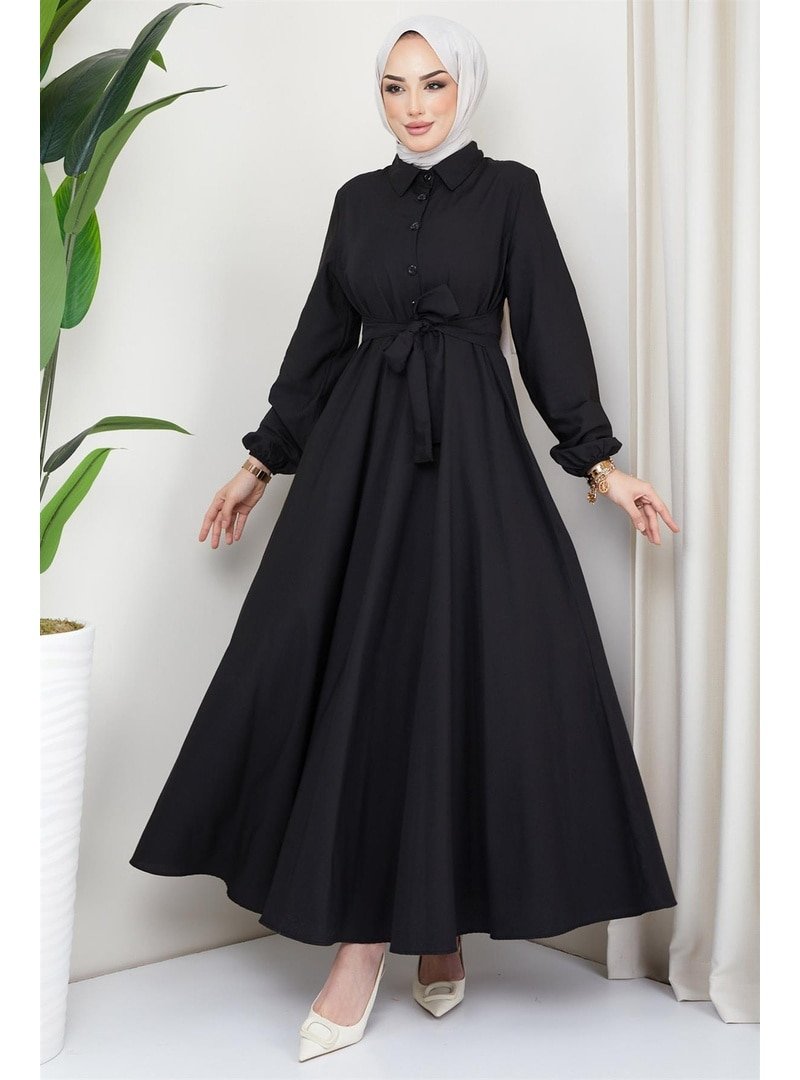 Hafsa Mina Siyah Kuşaklı Mevlana Elbise