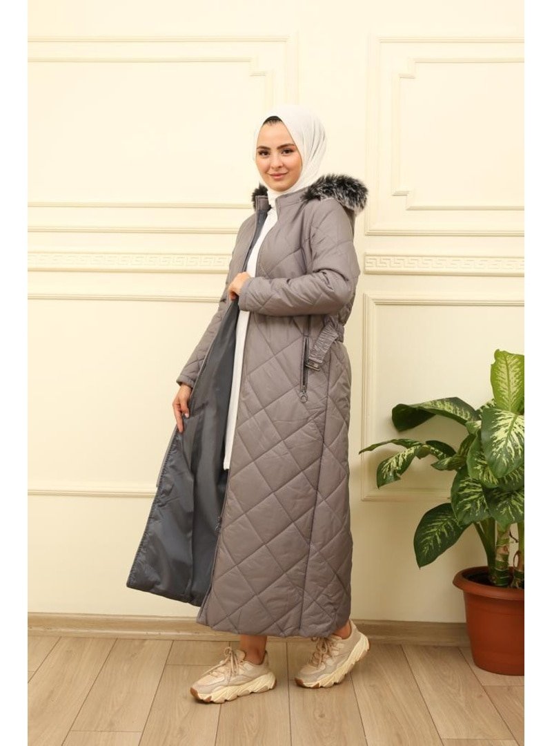 Lurex Moda Gri Kapitone Kürklü Mont